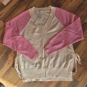 HEM & THREAD Confetti/Speckled V-Neck Sweater w/Side Ties, NWT, S, Pink/Ivory🩷
